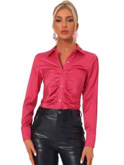 Allegra K Damen Bluse Satin Langarm Spitzer Kragen Modisch Hemd Rot M von Allegra K