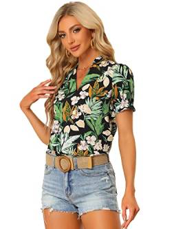 Allegra K Damen Bluse Sommer Kurzarm Blumen V-Ausschnitt Tropische Elegant T-Shirt Top Schwarz XL von Allegra K