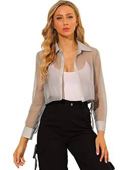 Allegra K Damen Bluse mit Knopfleiste vorne Krawattensaum Spitzkragen Mesh Sheer Langarm-Hemd-Oberteil Grau S von Allegra K