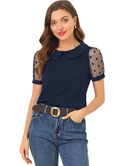 Allegra K Damen Bluse mit Peter Pan Kragen und Puffärmeln Vintage Rundhalsausschnitt Polka Dots Mesh Ärmel, marineblau, 46 von Allegra K