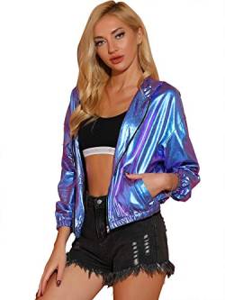 Allegra K Damen Bluson Langarm Metallic Jacke Holographic Party Reißverschluss Kapuzenjacke Blau Violett M von Allegra K