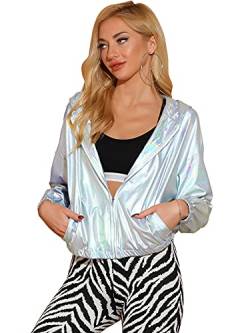 Allegra K Damen Bluson Langarm Metallic Jacke Holographic Party Reißverschluss Kapuzenjacke Holographisch M von Allegra K