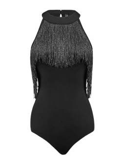 Allegra K Damen Body Fransenbesatz Ärmellos Figurbetont Neckholder Oberteil Party Top Jumpsuit Schwarz XS von Allegra K