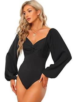 Allegra K Damen Body Langarm Herzförmiger Ausschnitt Puffärmel Elegant Bodysuits Schwarz L von Allegra K