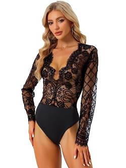 Allegra K Damen Body Tief V-Ausschnitt Spitze Clubwear Netz Durchsichtig Oberteil Schwarz L von Allegra K