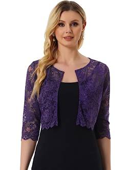 Allegra K Damen Bolero Festlich 3/4 Ärmel Durchsichtig Blumen Spitze Shrug Crop Cardigan Spitzebolero Lila M von Allegra K