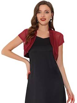 Allegra K Damen Bolero Kurzarm Offen Durchsichtig Mesh Crop Jacke Tüll Satin Boleros Burgund XS von Allegra K