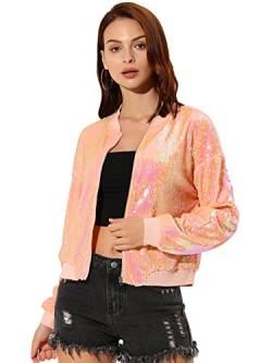 Allegra K Damen Bomberjacke Pailletten Jacke Langarm Party Club Metallic Glitzer Sequin Jacken Rosa L von Allegra K