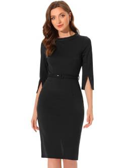 Allegra K Damen Büro Stehkragen Etuikleid Bleistiftkleider 3/4-Ärmeln Kleid mit Gürtel Schwarz S von Allegra K