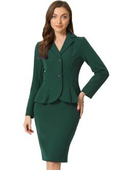 Allegra K Damen Business 2 Teiliges Anzug Set Langarm Revers Schößchen Blazer mit Bleistiftrock Dunkelgrün L von Allegra K