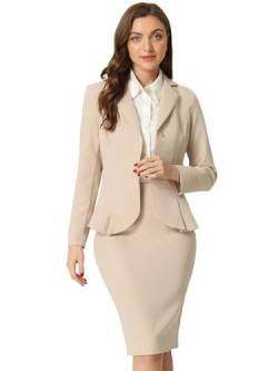 Allegra K Damen Business 2 Teiliges Anzug Set Langarm Revers Schößchen Blazer mit Bleistiftrock Khaki L von Allegra K