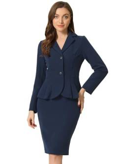 Allegra K Damen Business 2 Teiliges Anzug Set Langarm Revers Schößchen Blazer mit Bleistiftrock Marine L von Allegra K