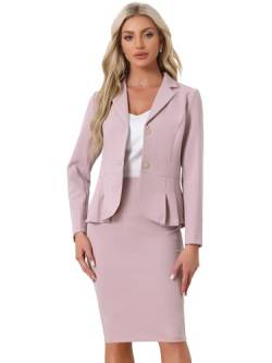 Allegra K Damen Business 2 Teiliges Anzug Set Langarm Revers Schößchen Blazer mit Bleistiftrock Rosa M von Allegra K