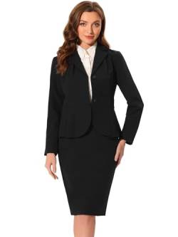 Allegra K Damen Business 2 Teiliges Anzug Set Langarm Revers Schößchen Blazer mit Bleistiftrock Schwarz L von Allegra K