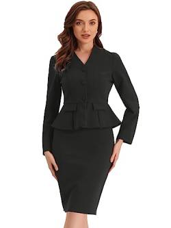 Allegra K Damen Business 2-teiliges Anzug Set V-Ausschnitt Schößchen Blazer mit Bleistiftrock Schwarz XL von Allegra K