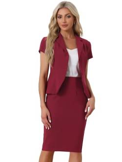 Allegra K Damen Business Rock Anzug Set Arbeit Büro Kurzarm Blazer Jacke Bleistiftrock, Dunkelrot, Mittel von Allegra K