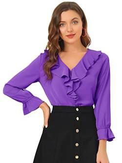 Allegra K Damen Chiffon Bluse Langarm V-Ausschnitt Rüschen Volant Oberteil Elegantes Shirt Dunkel Violett XL von Allegra K