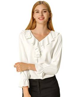 Allegra K Damen Chiffon Bluse Langarm V-Ausschnitt Rüschen Volant Oberteil Elegantes Shirt Weiß L von Allegra K