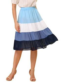 Allegra K Damen Chiffon Sommer Elastischer Taille Eleganter Farbblock Stufenrock Blau M von Allegra K