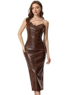 Allegra K Damen Cocktailkleid Sexy PU-Leder Spaghettiträger Club Midikleid Braun S von Allegra K