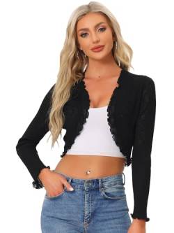 Allegra K Damen Crop Shrug Rüschen Langärm Strickjacke Elegant Offen Lässiger Bolero Cardigan Schwarz XL von Allegra K