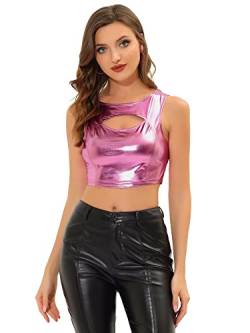 Allegra K Damen Crop Top Ärmellos Bauchfrei Party Clubwear Metallic Tank Top Oberteil Pink XL von Allegra K