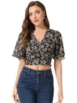 Allegra K Damen Crop Top Kurzarm Sommer Gesmokt Blumenmuster V-Ausschnitt Bluse Schwarz M von Allegra K