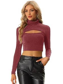 Allegra K Damen Crop Top Party T-Shirt Langarm Cut Out Bauchfrei Hochgeschlossen Oberteil Rot M von Allegra K