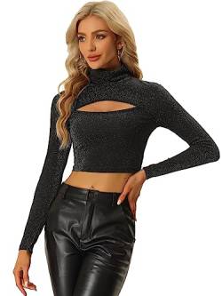 Allegra K Damen Crop Top Party T-Shirt Langarm Cut Out Bauchfrei Hochgeschlossen Oberteil Schwarz XS von Allegra K