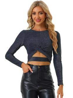 Allegra K Damen Cut Out Oberteil Festival Glitzer Langarm Rundhals Crop Top Bauchfreies Shirt Dunkelblau S von Allegra K