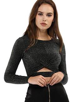 Allegra K Damen Cut Out Oberteil Festival Glitzer Langarm Rundhals Crop Top Bauchfreies Shirt Schwarz S von Allegra K