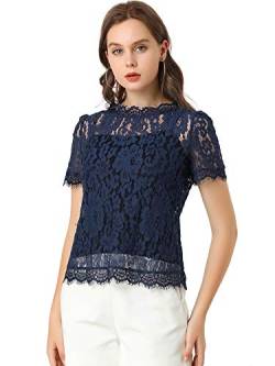 Allegra K Damen Dirndlbluse Oberteil Kurzarm Durchsichtig Rundhals Rüschen Blumen Spitze Bluse Shirt Navy Blau M von Allegra K