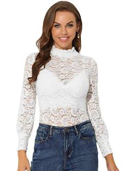 Allegra K Damen Dirndlblusen Langarm Durchsichtig Spitze Oberteil Mesh Lace Hochgeschlossene Top Bluse Weiß XS von Allegra K