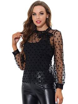 Allegra K Damen Dirndlblusen Langarm Fliege Hals Polka Dots Elegante Durchsichtig Mesh Top Bluse Schwarz XS von Allegra K