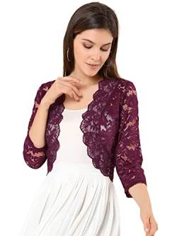 Allegra K Damen Elegant 3/4 Ärmel Sheer Floral Lace Shrug Top, Burgunder, Mittel von Allegra K