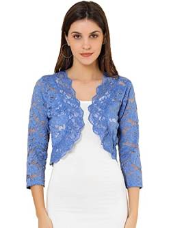 Allegra K Damen Elegant 3/4 Ärmel Sheer Floral Lace Shrug Top, Grau / Blau, Groß von Allegra K