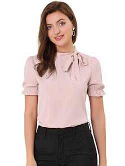 Allegra K Damen Elegant Bluse Kurzarm Panel Fliege Hals Rüschen Einfarbig Top Rosa L von Allegra K