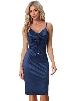 Allegra K Damen Elegant Cocktail Midikleid Satin V-Ausschnitt Kordelzug Minikleid Kleid Dunkelblau L von Allegra K