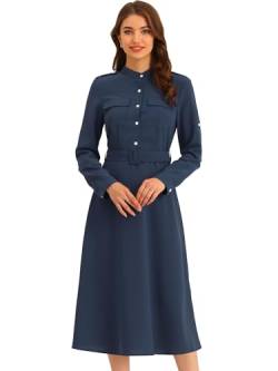 Allegra K Damen Elegant Maxikleid Knopfleiste Bandkragen Arbeit Kleid mit Gürtel Navy blau M von Allegra K