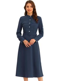 Allegra K Damen Elegant Maxikleid Knopfleiste Bandkragen Arbeit Kleid mit Gürtel Navy blau XL von Allegra K