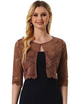 Allegra K Damen Elegant Sheer Floral Lace Shrug Top Cropped Bolero Cardigan, Braun, Mittel von Allegra K