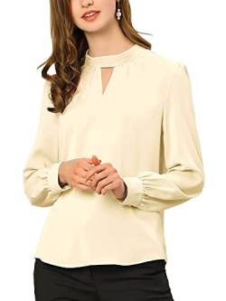 Allegra K Damen Elegant Stehkragen Schlüsselloch Langarm Choker V-Ausschnitt Hemden Bluse Gr. 38, beige von Allegra K