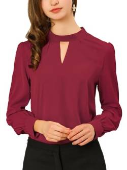 Allegra K Damen Elegant Stehkragen Schlüsselloch Langarm Choker V-Ausschnitt Hemden Bluse Gr. 42, burgunderfarben von Allegra K