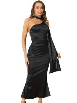 Allegra K Damen Elegantes Satin One Shoulder Rückenlos Brautjungfer Cocktail Party Maxikleid Schwarz XL von Allegra K