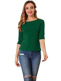 Allegra K Damen Ellbogenärmel Rundhals Slim Fit Bluse T-Shirt Dunkelgrün S von Allegra K