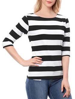 Allegra K Damen Ellenbogenärmel T-Shirt Top Casual Basic U-Boot-Ausschnitt Slim Fit Tee Gr. 42, schwarz / weiß von Allegra K