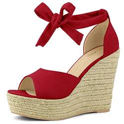 Allegra K Damen Espadrilles Schnürsandalen mit Knöchelriemen und Keilabsatz Rot 38 von Allegra K