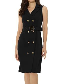 Allegra K Damen Etuikleid Kleid mit Gürtel Ärmellos Gekerbtes Revers Zweireihig Büro Elegant Minikleid Schwarz S von Allegra K