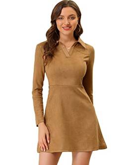 Allegra K Damen Faux Wildleder Kleid V-Ausschnitt Langarm 2023 Herbst Winter A-Linie Minikleid, CAMEL, X-Groß von Allegra K