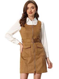 Allegra K Damen Faux Wildleder Square Neck Ärmellos Gürtel Overall Pinafore Kleid Latzkleid mit Taschen Braun M von Allegra K